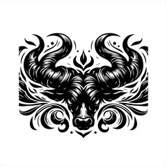 Obraz premium Intricate black and white illustration of a bull head with ornate horns and swirling designs