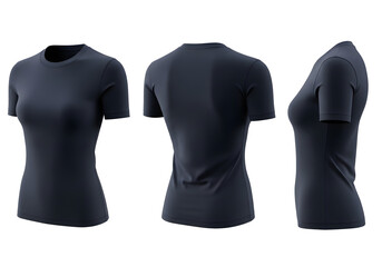 Women's t-shirt mockup. Realistic apparel template with front, back, and side view isolated on white background.