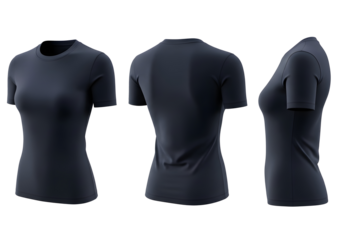 Women's t-shirt mockup. Realistic apparel template with front, back, and side view isolated on white background.