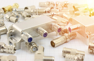 It will arrange for connecting telecommunications equipment in a metal case. Close-up. Macro. 