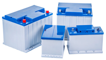 Blue silver gray car batteries isolated on a transparent background automotive batteries