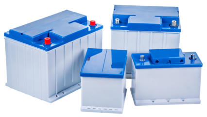 Blue silver gray car batteries isolated on a transparent background automotive batteries