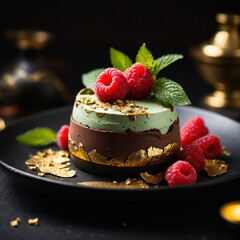 Decadent chocolate raspberry dessert with mint and edible gold leaf