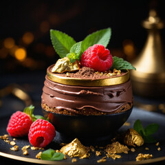 Decadent chocolate dessert with fresh raspberries and mint garnish