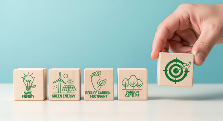 Sustainable Solutions for a Greener Future A Hand Places a Target Block Among Symbols of Energy Conservation, Representing Environmental Responsibility and Eco-Friendly Practices