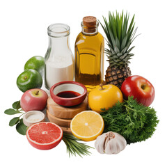 Assortment of fresh fruits vegetables dairy and oils for healthy cooking isolated on transparent background