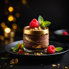 Decadent chocolate mousse dessert with fresh raspberries and gold leaf
