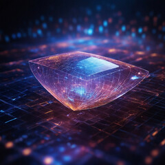 Futuristic digital data cube glowing with vibrant energy and network connections