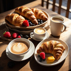 Savor a delightful breakfast with fresh croissants, berries, and latte art coffee.