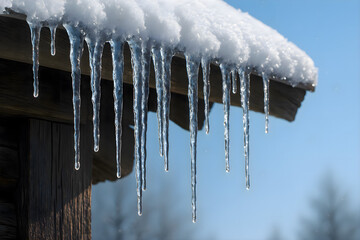 Icicles hanging gracefully from the roof edge of a wooden structure during winter, sparkling in the cold air under the soft natural daylight