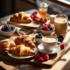 Enjoy a delightful morning with fresh croissants, berries, and coffee.