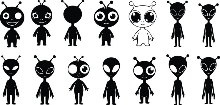 Cartoon alien character set, unique extraterrestrial designs, black and white silhouettes, varied eyes and antennae, creative pose collection, vector icons