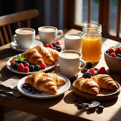 Enjoy a delicious morning with fresh croissants, berries, and coffee.