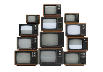 Precisely stacked vintage CRT televisions from 1960s-1990s, featuring wood-grain, plastic casings, convex screens, blank/distressed with static, dust, on a transparent studio background,
