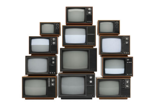 Precisely stacked vintage CRT televisions from 1960s-1990s, featuring wood-grain, plastic casings, convex screens, blank/distressed with static, dust, on a transparent studio background,
