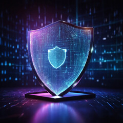 Digital shield protects data with glowing technology in futuristic network