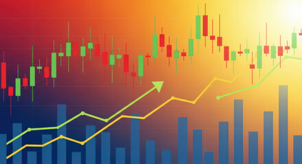 Stock Market Analysis and Investment Growth A Visual Representation of Financial Trends with Candlestick Charts and Upward Arrows Indicating Positive Market Performance
