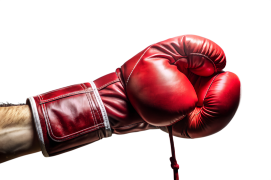 Red boxing glove on a fist isolated on transparent background, symbolizing power, strength, and combat for sports, fitness, and competitive fighting
