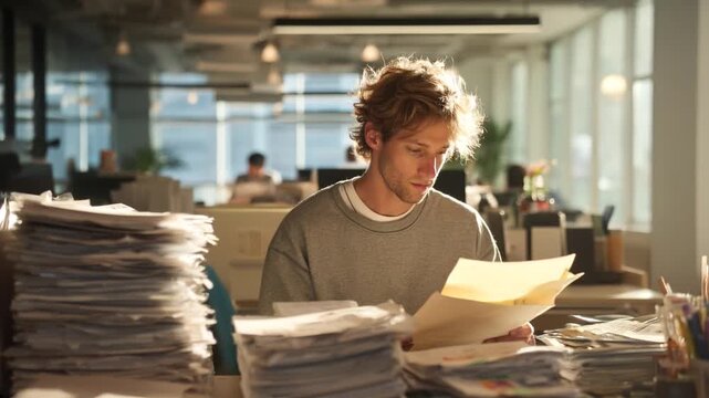 Young man sits at a desk in an office, surrounded by tall stacks of paperwork. He flips through documents, carefully reading and sorting the papers in front of him.