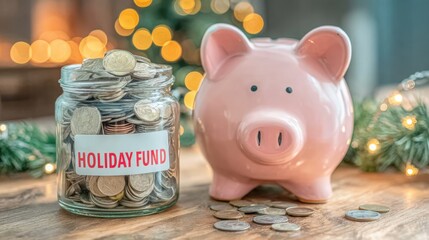 Holiday Savings: A festive composition, showcasing a piggy bank and a jar labeled Holiday Fund filled with coins, signifying careful financial planning. 