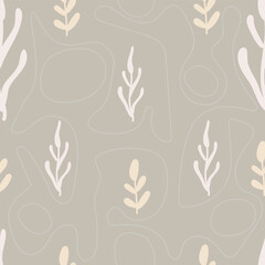 Minimal Botanical Seamless Pattern with White Leaves on Gray Background