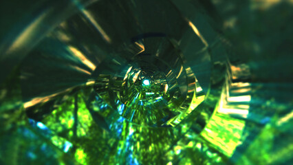 A rotating green metal chrome shiny tunnel with walls of ribs and lines in the form of a circle with reflections of luminous rays. Abstract background. Video in high quality 4k, motion design