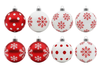 Eight assorted spherical christmas ornaments, red and white with polka dot and snowflake patterns, metallic caps, arranged in two rows on a transparent background, no shadows, christmas product