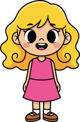 Cartoon blonde girl with curly hair wearing pink dress and brown shoes, cute smiling character illustration, children vector design concept
