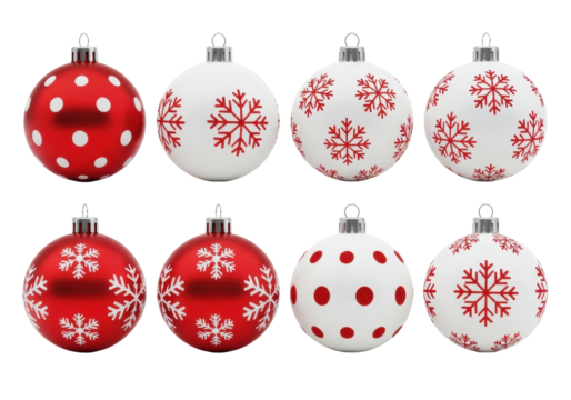 Eight assorted spherical christmas ornaments, red and white with polka dot and snowflake patterns, metallic caps, arranged in two rows on a transparent background, no shadows, christmas product