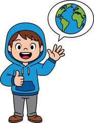 Cartoon boy in blue hoodie with Earth speech bubble, environmental awareness, global communication illustration, save planet concept, vector design