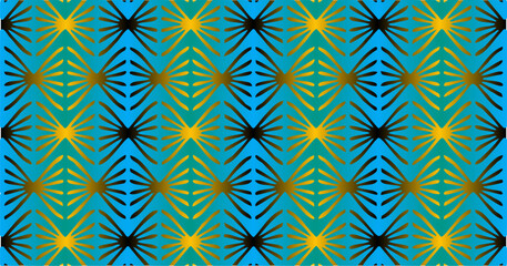 Blue and yellow geometric motif with black accents, combining elegance with an exotic touch.