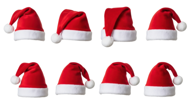 Six distinct red santa hats with white trim & pom-poms, meticulously arranged in rows on a transparent isolated background with bright, shadowless studio lighting, captured in an ultra realistic