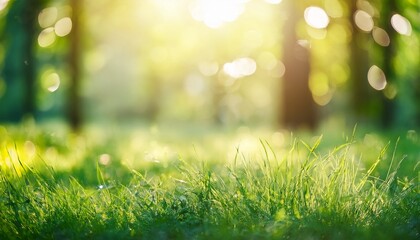 Obraz premium beautiful blurred background of spring nature on a sunny day with bokeh a green grass meadow and sunlight in the forest spring season a banner for copy space