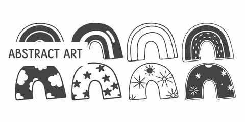 Illustration of eight abstract rainbows with different patterns and designs in black and white style on transparent background