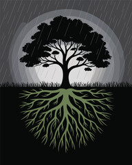 Majestic tree silhouette with intricate roots under a full moon T Shirt Design