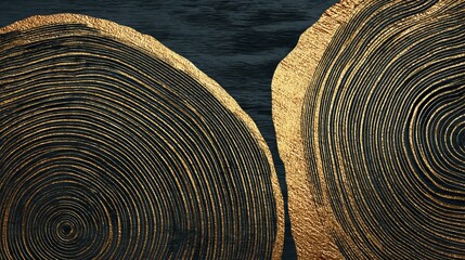 Two intricately detailed tree rings with golden accents against a dark background, creating a striking visual contrast.