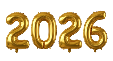 Gold foil balloons forming the number 2026
