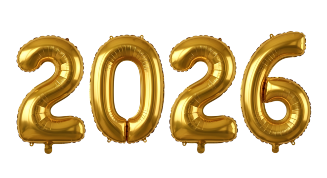 Gold foil balloons forming the number 2026
