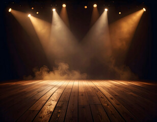 Empty wooden theater stage illuminated by golden spotlights, with smoke creating a dramatic atmosphere for a performance.