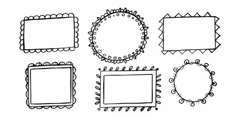 Collection of six hand drawn decorative frames with various shapes and border styles in black ink on transparent background