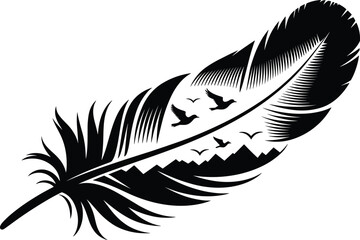 Obraz premium Feather with birds and mountains silhouette quill flying