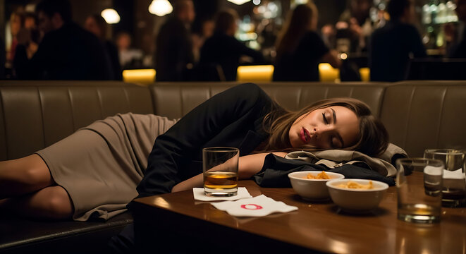 Drunk woman on a bar sofa table - Powered by Adobe
