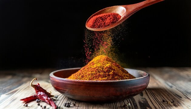 assortment of vibrant spices including chili powder cumin coriander falling from a wooden spoon into a rustic bowl on a dark background