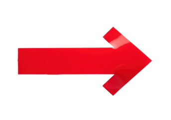A meticulously crafted bright red glossy vinyl tape arrow, pointing right, centrally positioned on a pristine seamless transparent background with no shadows, captured in ultra realistic studio