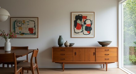 Dining Room Interior with Sideboard, Table, and Art