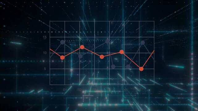 Graphique lin&eacute;aire de donn&eacute;es avec lignes et points orange et bleu sur fond num&eacute;rique futuriste bleu fonc&eacute;, grille et effets lumineux technologiques, espace n&eacute;gatif copyspace
