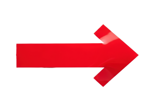 A meticulously crafted bright red glossy vinyl tape arrow, pointing right, centrally positioned on a pristine seamless transparent background with no shadows, captured in ultra realistic studio