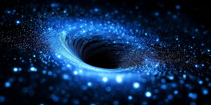 A swirling vortex of blue light and particles, resembling a cosmic black hole or wormhole.