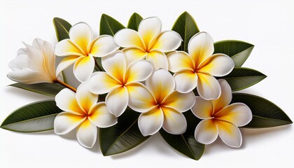 Fototapeta premium arrangement of tropical frangipani blooms featuring white petals with warm yellow centers in natural cluster isolated on a transparent background