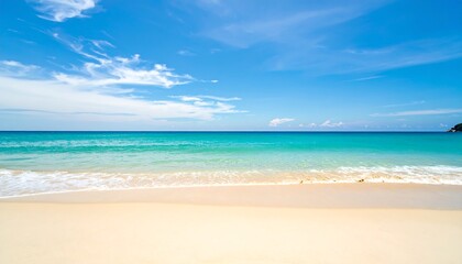 Fototapeta premium Tranquil beach scene with calm turquoise water lapping a pristine sandy shore under a vibrant blue sky